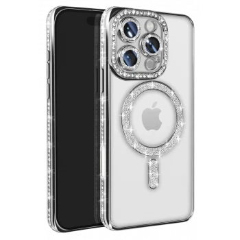 Newface Apple iPhone 16 Pro Max Kılıf Joke Simli Magneticsafe Kılıf - Gümüş