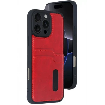 Newface Apple iPhone 16 Pro Max Kılıf Sara Kartvizitli Deri Kılıf - Kırmızı