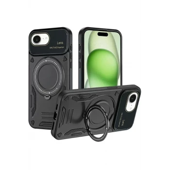 Newface Apple iPhone 16E Kılıf Joy Lens Standlı Kapak - Siyah