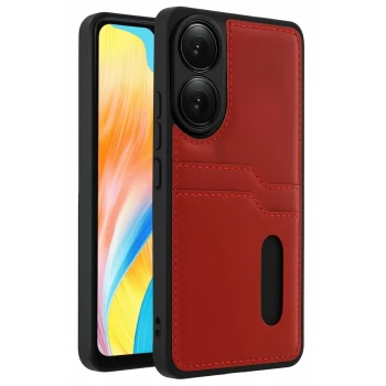 Newface Oppo A38 Sara Kartvizitli Deri Kılıf - Kırmızı