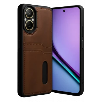 Newface Realme 12 Lite Kılıf Sara Kartvizitli Deri Kılıf - Taba