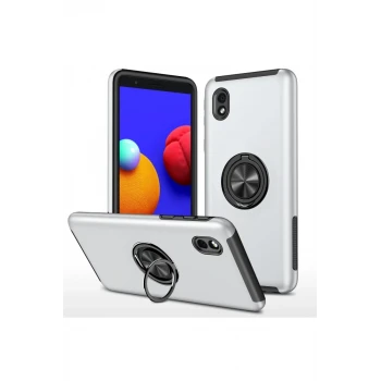 Newface Samsung Galaxy A01 Core Kılıf Elit Yüzüklü Kapak - Gümüş