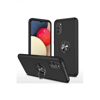 Newface Samsung Galaxy A02S Kılıf Elit Yüzüklü Kapak - Siyah