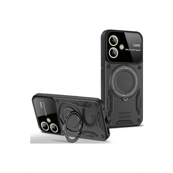 Newface Samsung Galaxy A06 Kılıf Joy Lens Standlı Kapak - Siyah