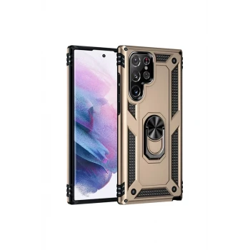 Newface Samsung Galaxy S21 Ultra Kılıf Sofya Yüzüklü Silikon Kapak - Gold