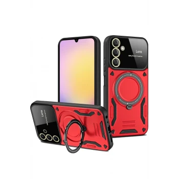 Newface Samsung Galaxy S25 Plus Kılıf Joy Lens Standlı Kapak - Kırmızı
