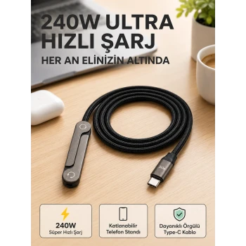 Örgülü 240W Type-C Katlanabilir Telefon Standlı Şarj Kablosu