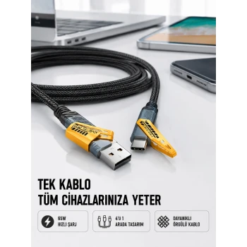 Örgülü Tasarım 4’ü 1 Arada USB-C Lightning Hızlı Şarj Kablosu
