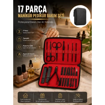 Paslanmaz Çelik 17 Parça Manikür Pedikür Seti ve Taşınabilir Şık Çanta