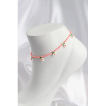 Pembe Renk Boncuklu Papatya Motifli Halhal