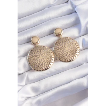 Pirinç Gold Renk Oval İşlemeli Küpe
