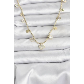 Pirinç Gold Renk Yonca Model Kadın Kolye