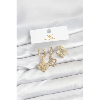 Pirinç Gold Renk Yonca Model YSX Trio Küpe Seti