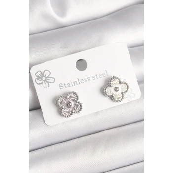 Pirinç Gümüş Renk İşlemeli Yonca Model Kadın Küpe