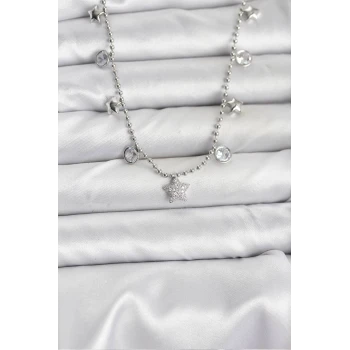 Pirinç Gümüş Renk Yıldız Model Kadın Kolye
