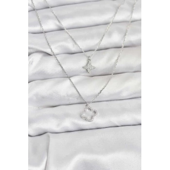 Pirinç Gümüş Renk Yonca Model 2'li Kadın Kolye