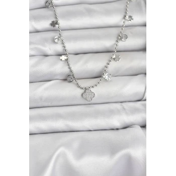 Pirinç Gümüş Renk Yonca Model Kadın Kolye