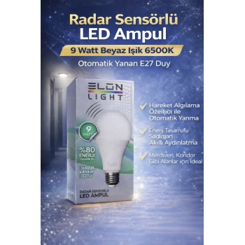 Radar Sensörlü LED Ampul 9 Watt Beyaz Işık 6500K Otomatik Yanan E27 Duy