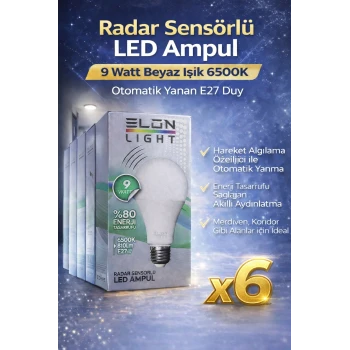 Radar Sensörlü LED Ampul 9 Watt Beyaz Işık 6500K Otomatik Yanan E27 Duy 6 Adet