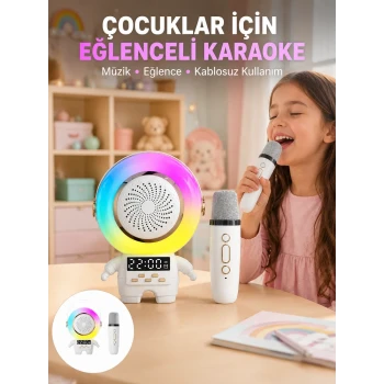 Renkli Işıklı Astronot Mini Bluetooth Speaker ve Karaoke Mikrofon