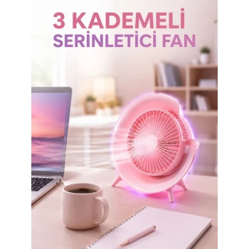 RGB Işıklı 3 Kademeli USB Şarjlı Masaüstü Vantilatör