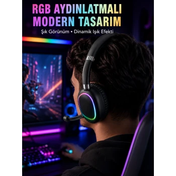 RGB Işıklı Bluetooth Mikrofonlu Kulaklık Uzun Süreli Kullanım Type-C Şarjlı