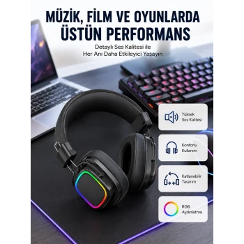RGB Işıklı Katlanabilir Bluetooth 5.3 Kulak Üstü Kulaklık