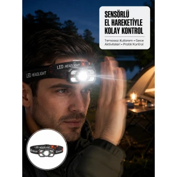 Şarj Edilebilir LED Far Hareket Sensörlü 5 Modlu Outdoor Yeni Nesil