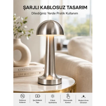 Şarjlı Kablosuz Mantar Masa Lambası Dokunmatik 3 Renk LED Modern Tasarım Yeni Nesil