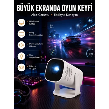 Şarjlı Projeksiyon Oyun Sinema Projektörü 4K HD Görüntü Kaliteli Yeni Nesil