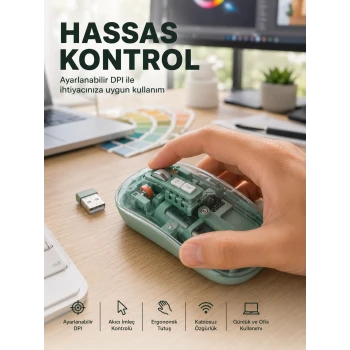 Şeffaf Tasarımlı Bluetooth Kablosuz Mouse Pilli Kullanım Yeni Nesil