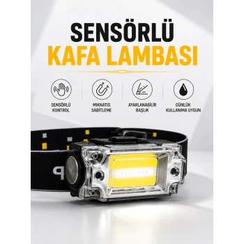 Sensör Kontrollü Şarjlı Beyaz LED Kafa Lambası ve El Feneri