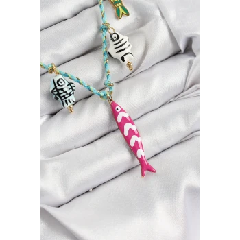 Seramik Motifli Pembe Balık Figürlü Model Mavi İp Kadın Kolye