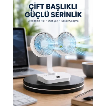 Sessiz Çalışan USB Şarjlı Çift Kafalı Masaüstü Fan – Ev ve Ofis İçin