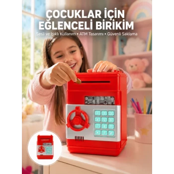 Şifreli Kırmızı ATM Tasarımlı Çelik Kasa Görünümlü Kumbara