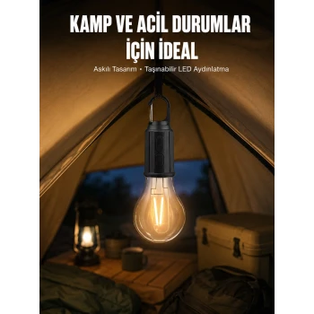 Taşınabilir Askılı Ampul Kamp Lambası Askılı Type-C Şarjlı Bahçe Lambası