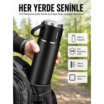 Termos Seti 3lü Bardak Seti Isı Dayanıklı Siyah Paslanmaz Çelik Vakumlu