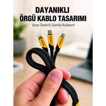 USB 3ü 1 Arada Şarj Kablosu 240W PD Destekli Çoklu Şarj Kablosu