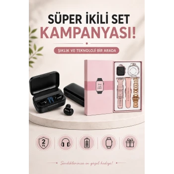Wireless Şarjlı Pembe Akıllı Saat ve Kablosuz Bluetooth Kulaklık Dokunmatik Kontrol