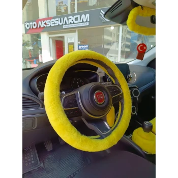 Yumuşak Tüylü Peluş Direksiyon Kılıfı Sarı