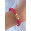 Pembe Renk Zirkon Taşlı Deri Çoklu Bileklik