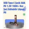 USB Type-C Şarjlı AAA Lityum Pil 1000+ Şarj Döngüsü ile Uzun Ömür