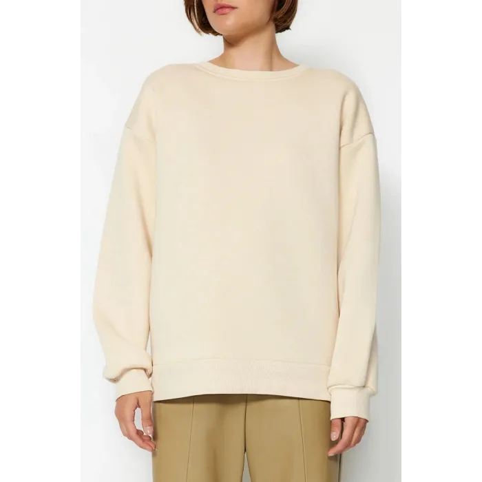 3 iplik şardonlu bisiklet yaka sweatshirt bej