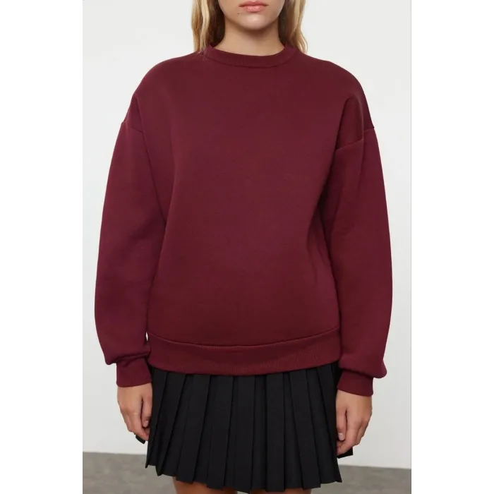 3 iplik şardonlu bisiklet yaka sweatshirt bordo