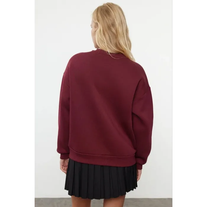 3 iplik şardonlu bisiklet yaka sweatshirt bordo