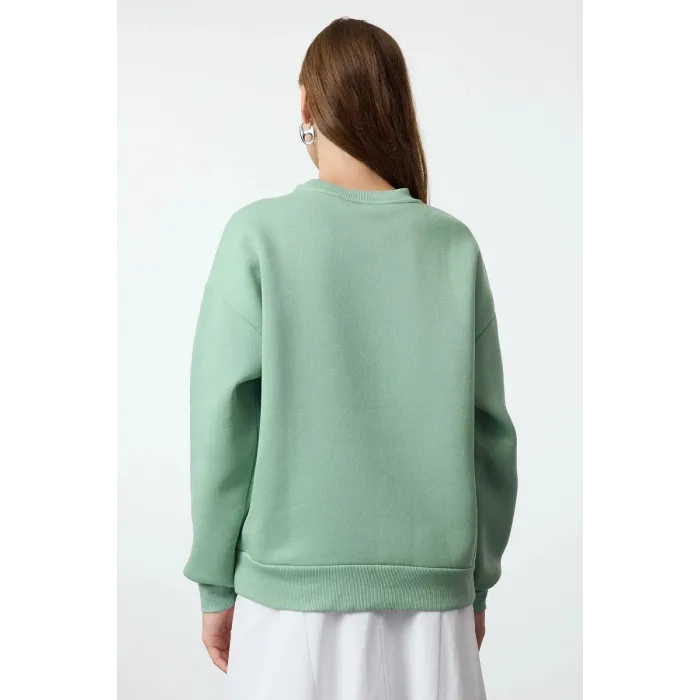 3 iplik şardonlu bisiklet yaka sweatshirt mint