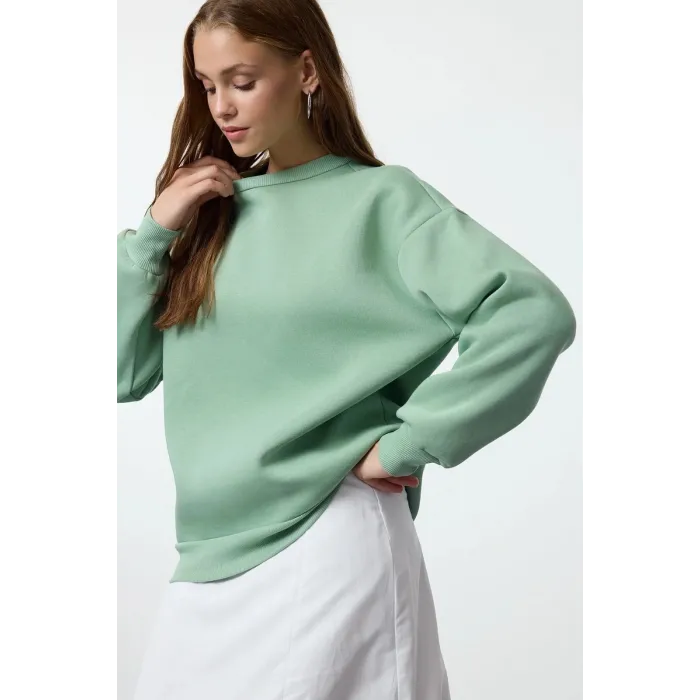 3 iplik şardonlu bisiklet yaka sweatshirt mint