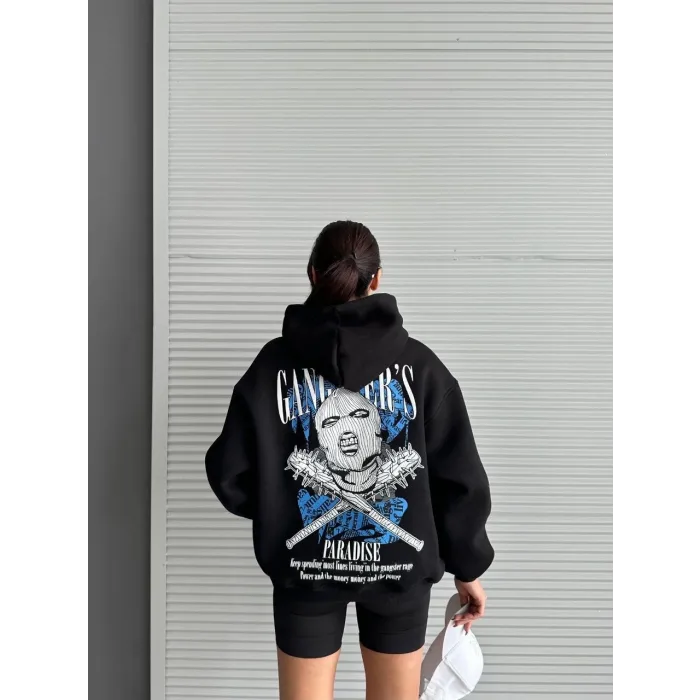 3 iplik şardonlu oversize kafa baskılı sweat siyah