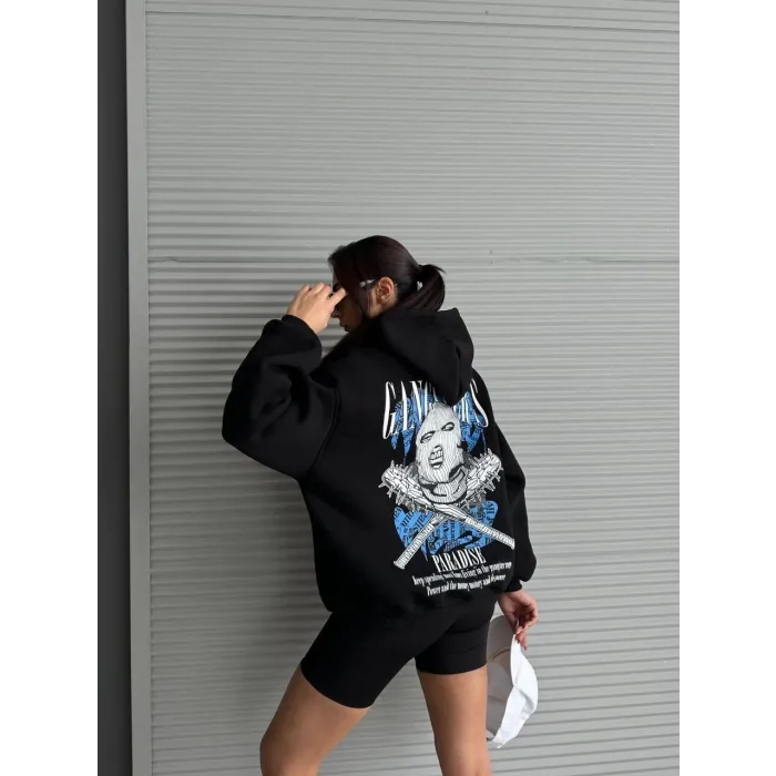 3 iplik şardonlu oversize kafa baskılı sweat siyah