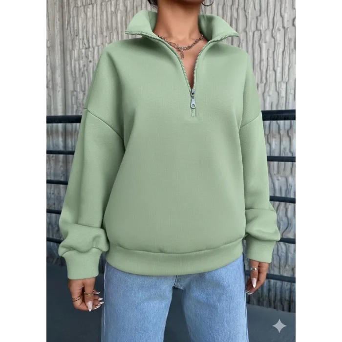 3 iplik Şardonlu yarım fermuarlı sweatshirt mint